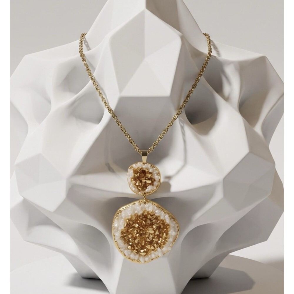 Faux Citrine Handmade Polymer Clay Large Pendant Necklace Stainless Cable Chain